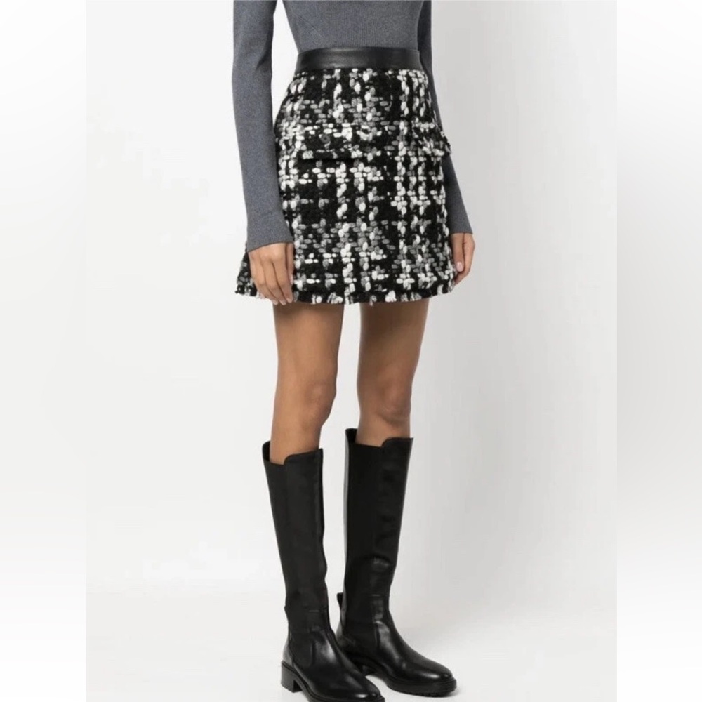 Remain High Waisted Knit Black Boucle Tweed Leather Band Mini Skirt Tasja Size 8